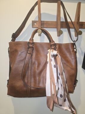 2 Pc / Women’s Brown Tote Shoulder Bag with Scarf And A Bookbag Purse